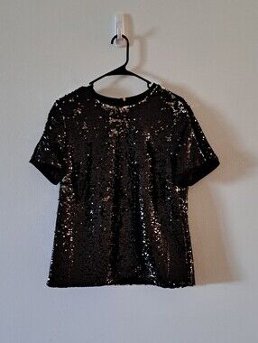 TED BAKER London Sequined Black Top UK SZ 3 (M)